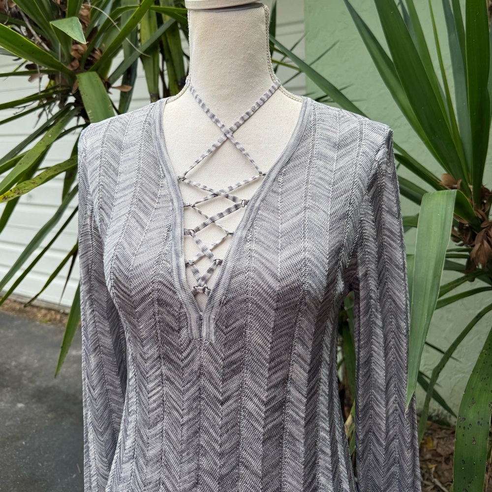 Gray Lace Up Chevron Knit Shirt